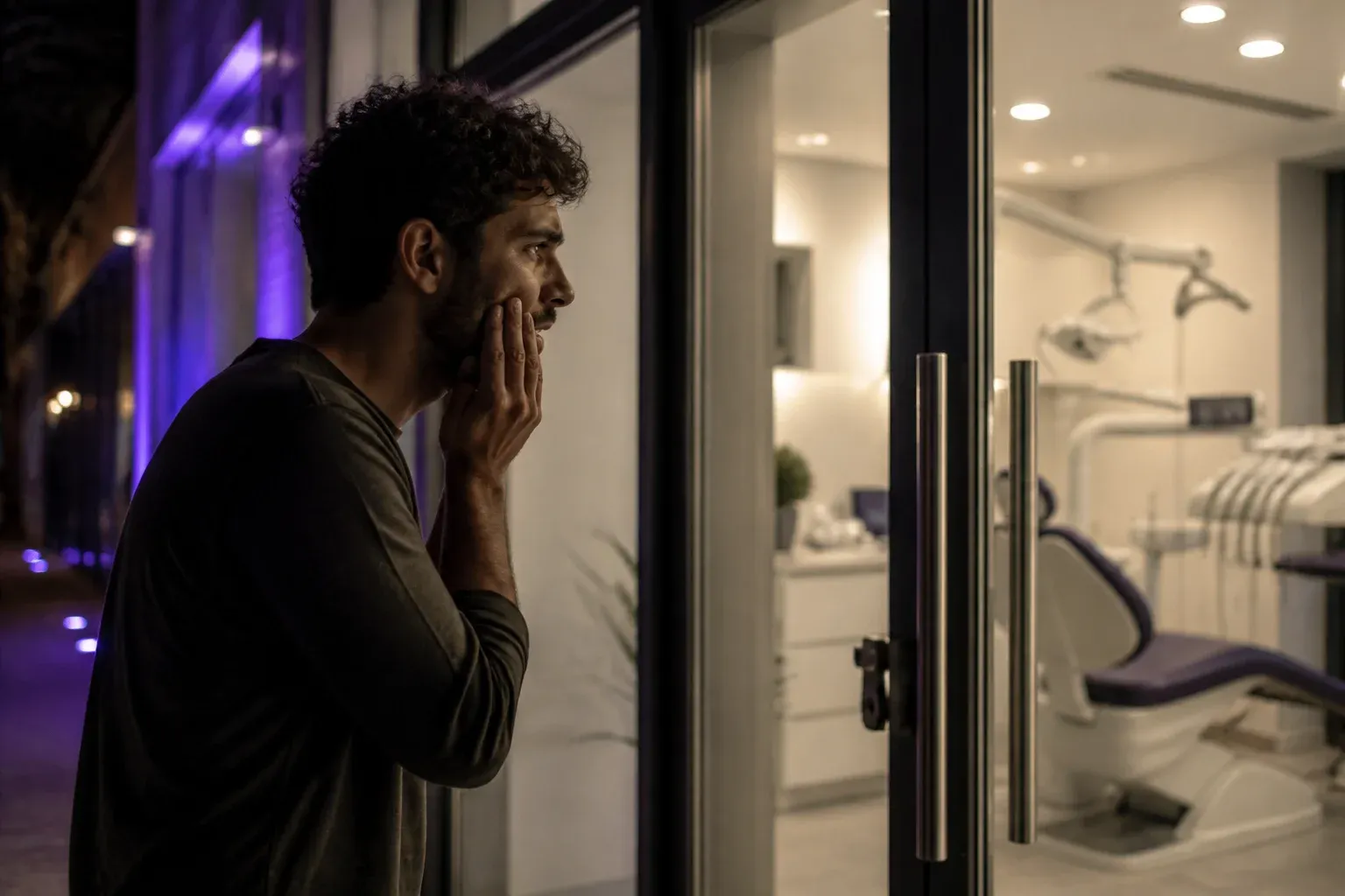 גבר אוחז בלסתו ועומד ליד דלת זכוכית של מרפאת שיניים בערב, האור דולק בפנים.