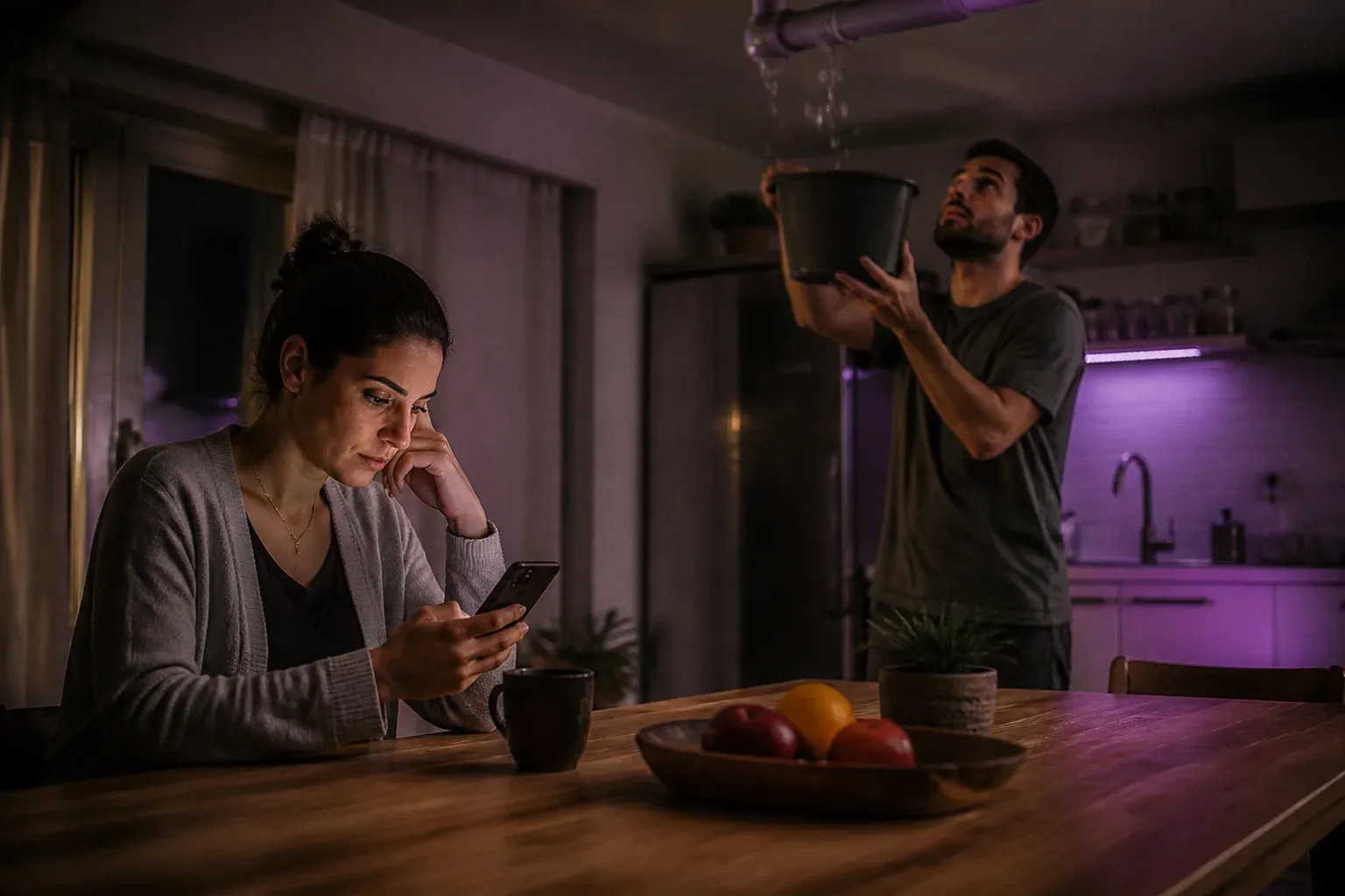 זוג במטבח בערב מחפש בטלפון בעל מקצוע לתיקון נזילה