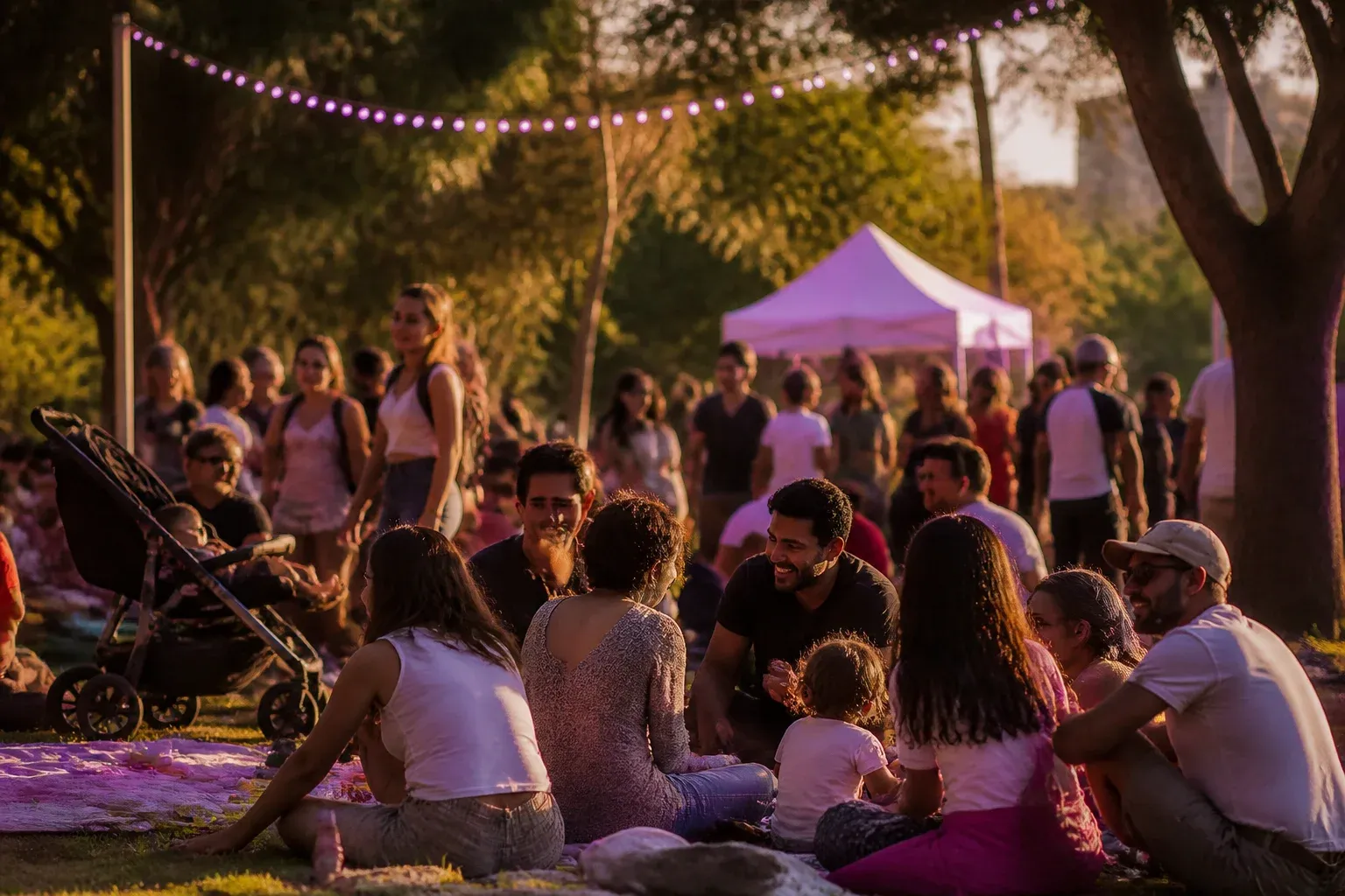משפחות ושכנים משוחחים באירוע קהילתי בפארק, עם עגלות ושמיכות פיקניק