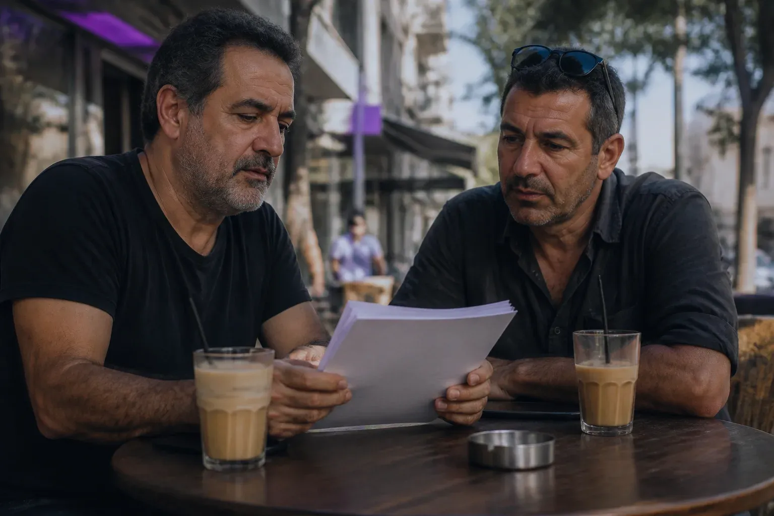 שני גברים יושבים בבית קפה ברחוב ועוברים על ערימת דפים מהודקת
