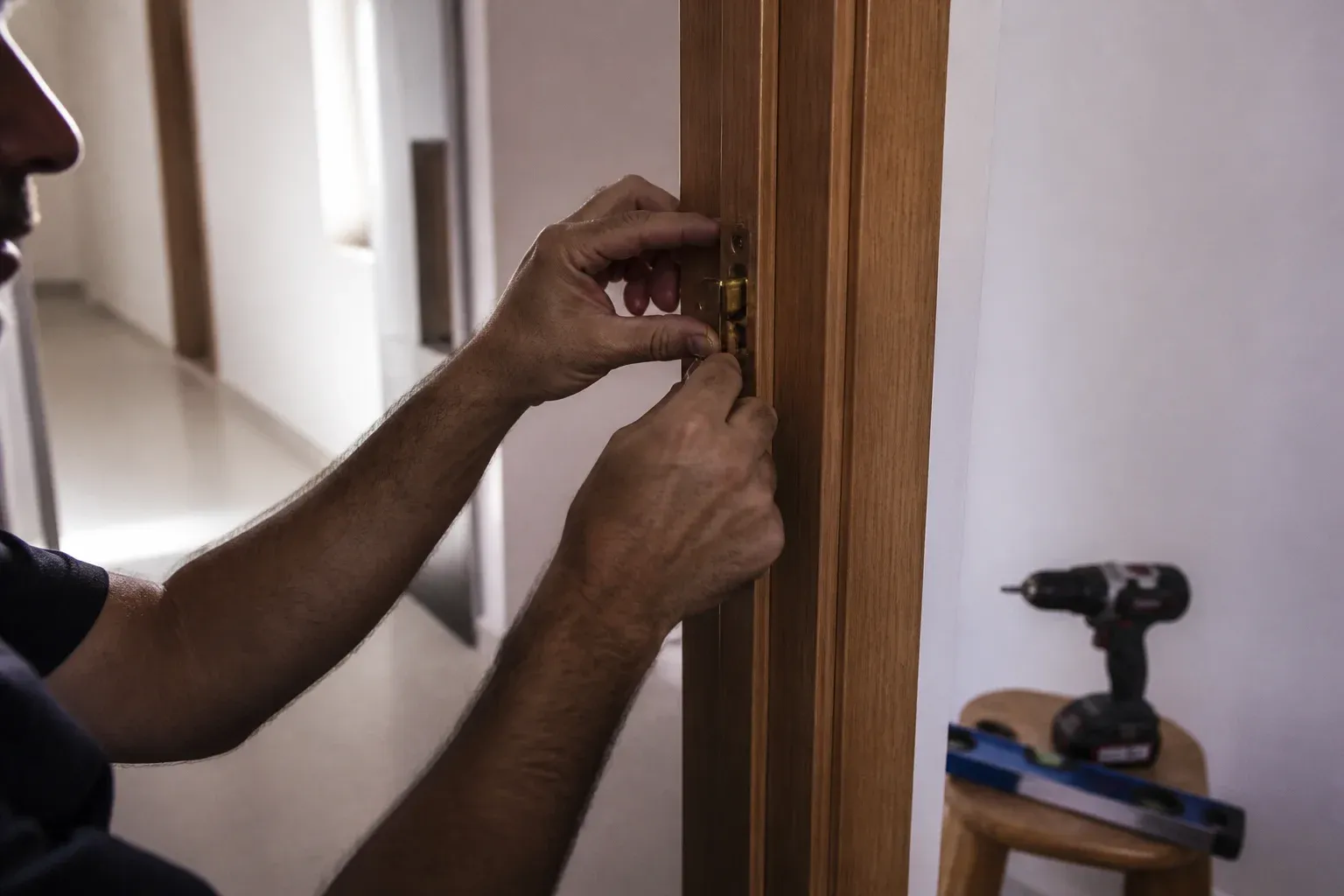 ידיים של שיפוצניק מתקינות ברגים במשקוף עץ במסדרון מואר