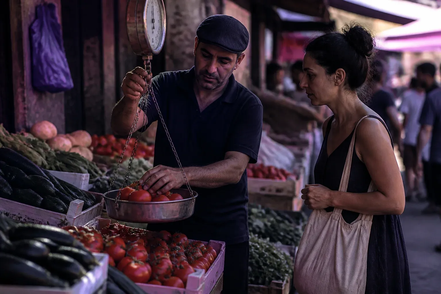 מוכר בשוק שוקל עגבניות על משקל תלוי בזמן שלקוחה ממתינה עם תיק בד