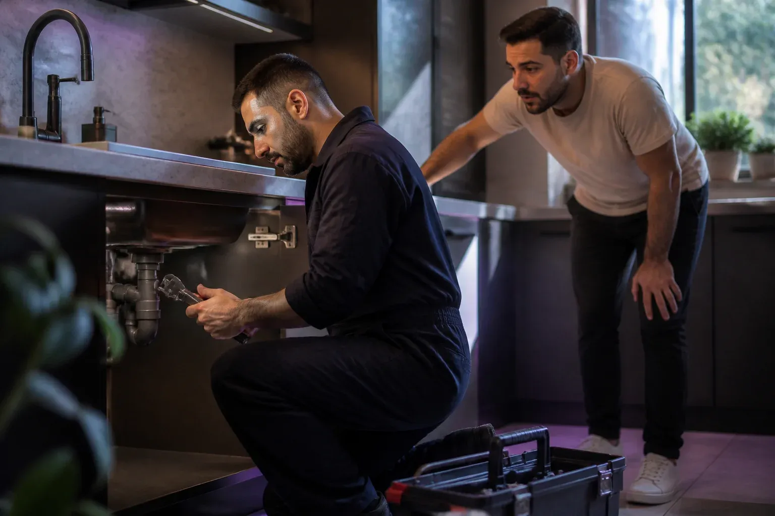 שרברב כורע ליד ארון מתחת לכיור במטבח ומהדק חיבור צנרת במפתח ברגים