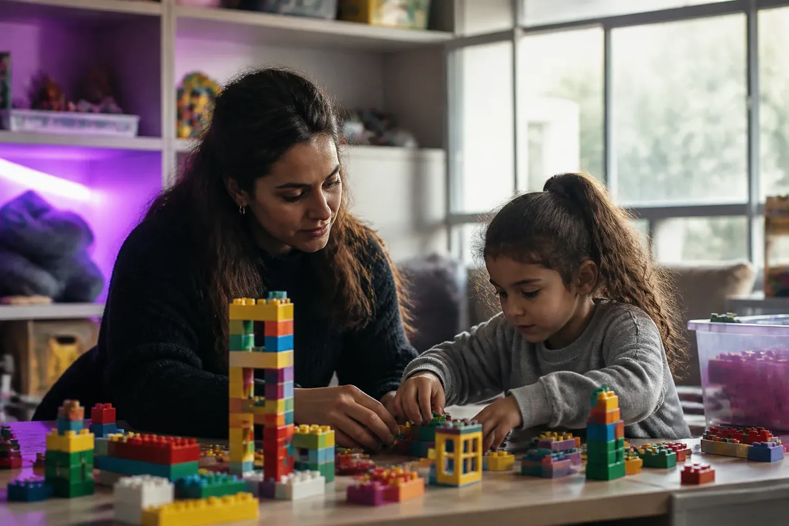 מורה פרטית עם ילד סביב שולחן מלא קוביות בניין צבעוניות בחדר פעילות