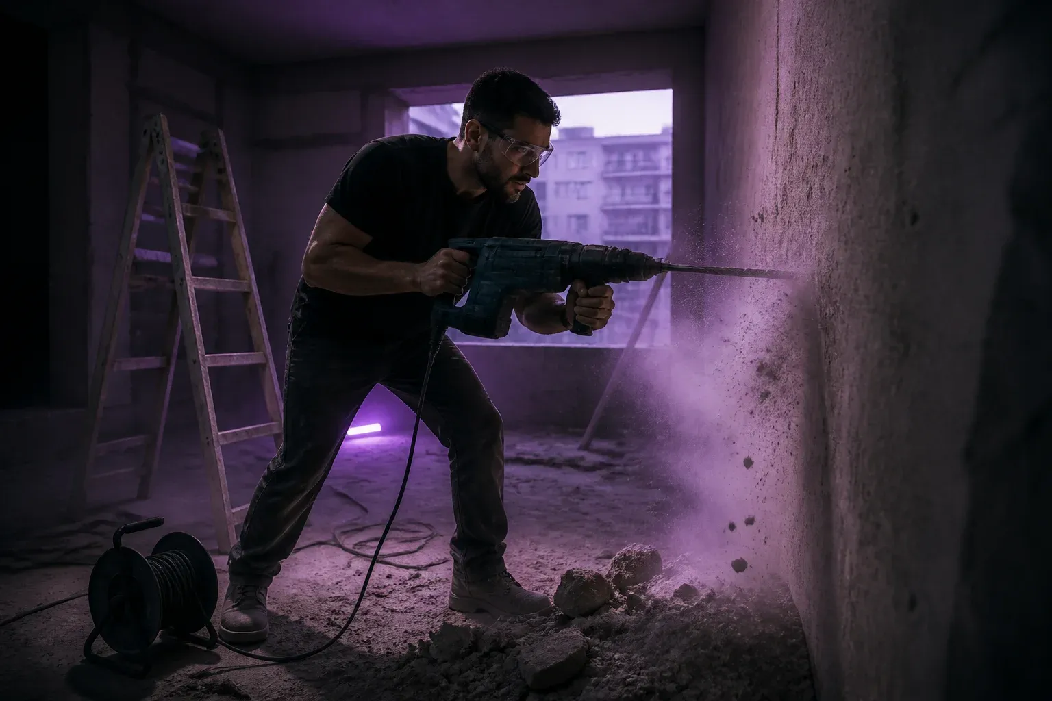 שיפוצניק עם משקפי מגן קודח בקיר בטון בעזרת פטיש חשמלי בחדר ריק, ואבק עולה סביבו
