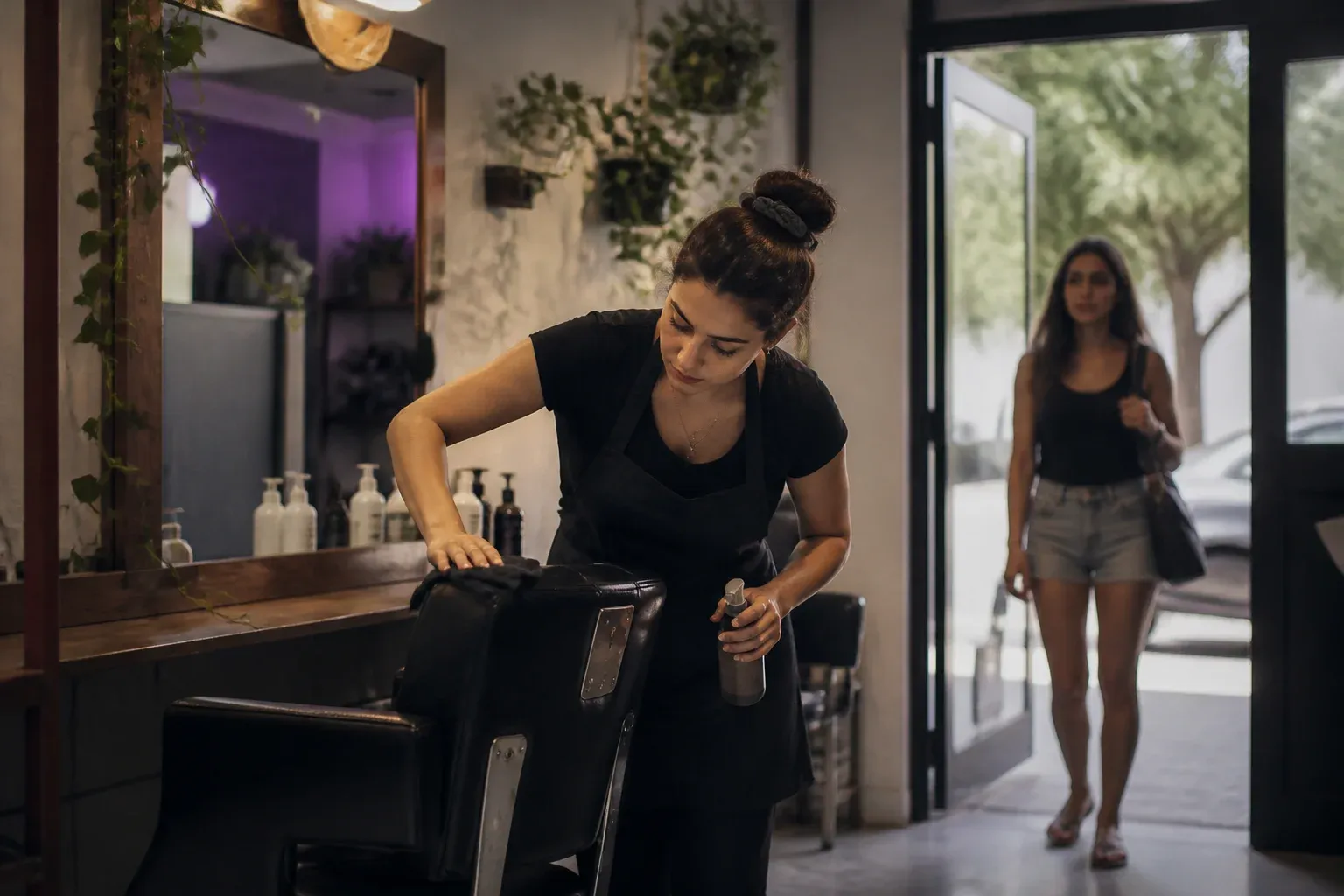 מעצבת שיער מנקה כיסא בסלון קטן בין לקוחות, מראה גדולה וצמחים