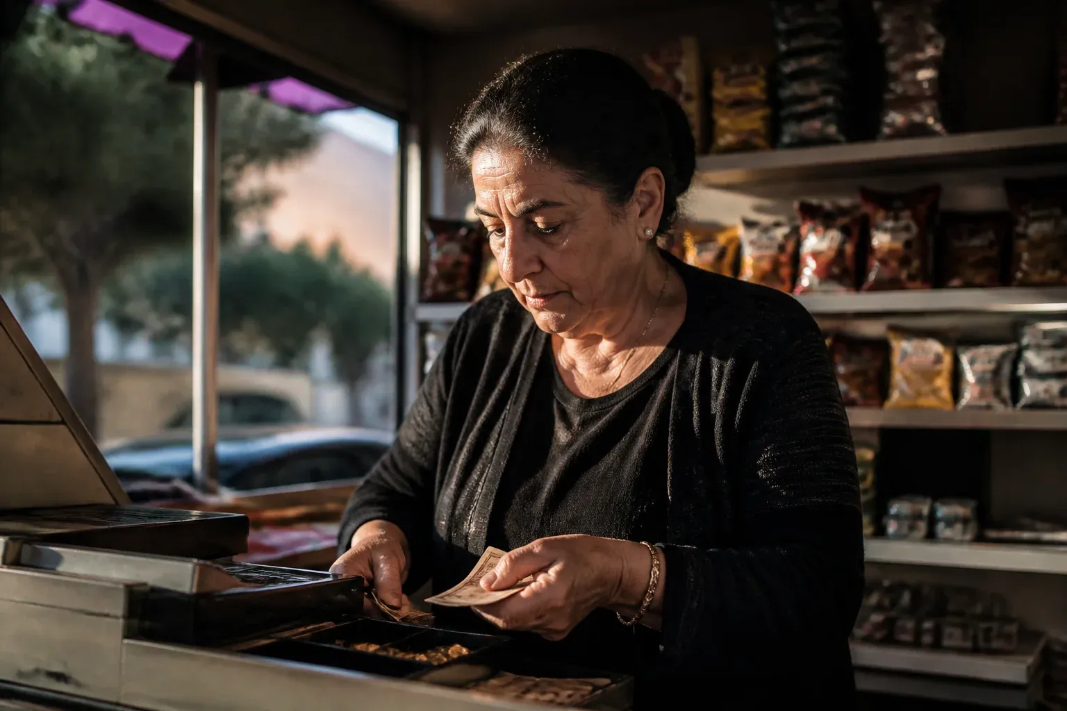 בעלת קיוסק שכונתי סופרת מטבעות וושטרות במגירת קופה פתוחה