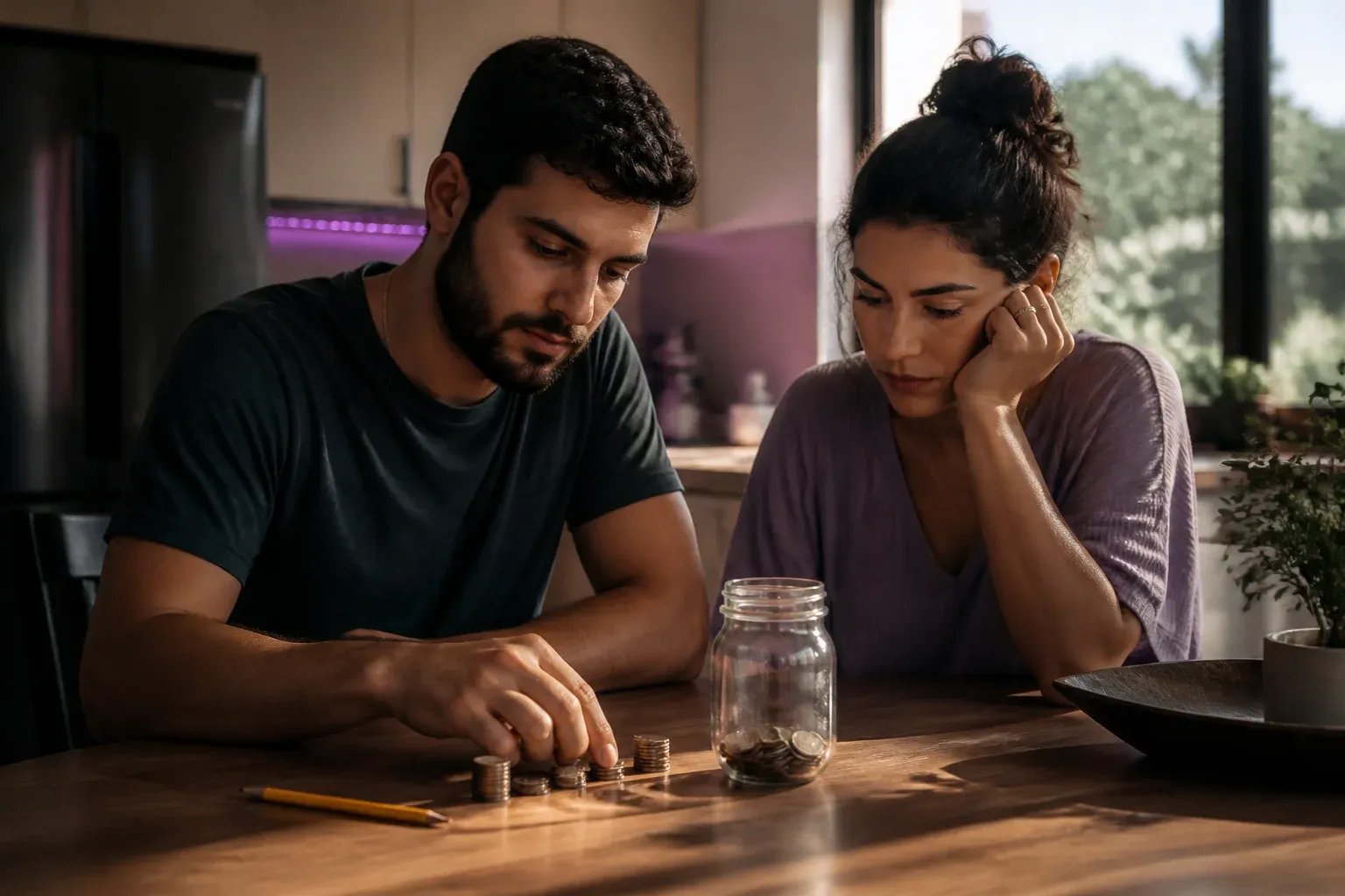 זוג סביב שולחן מטבח מסדר מטבעות לערימות קטנות ליד צנצנת, באור אחר צהריים
