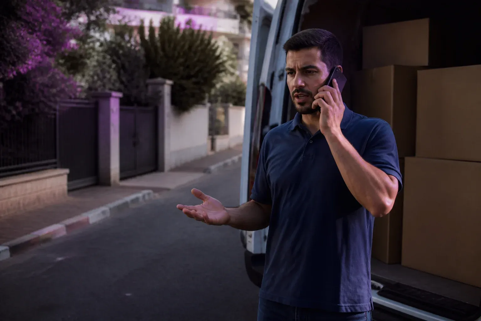 מוביל עם טלפון לאוזן ליד טנדר עמוס קרטונים ברחוב שקט