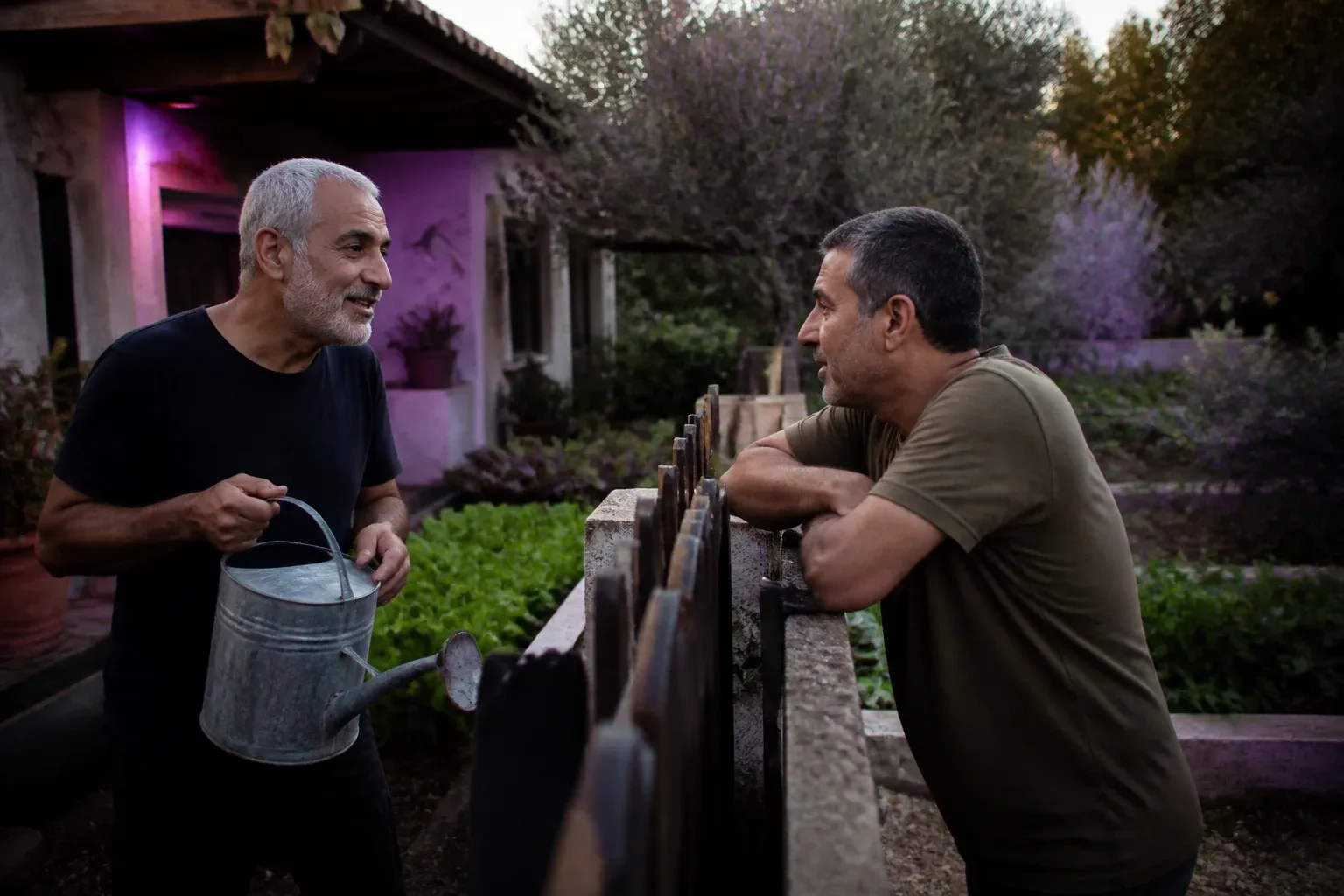 שני שכנים מדברים מעל גדר גינה