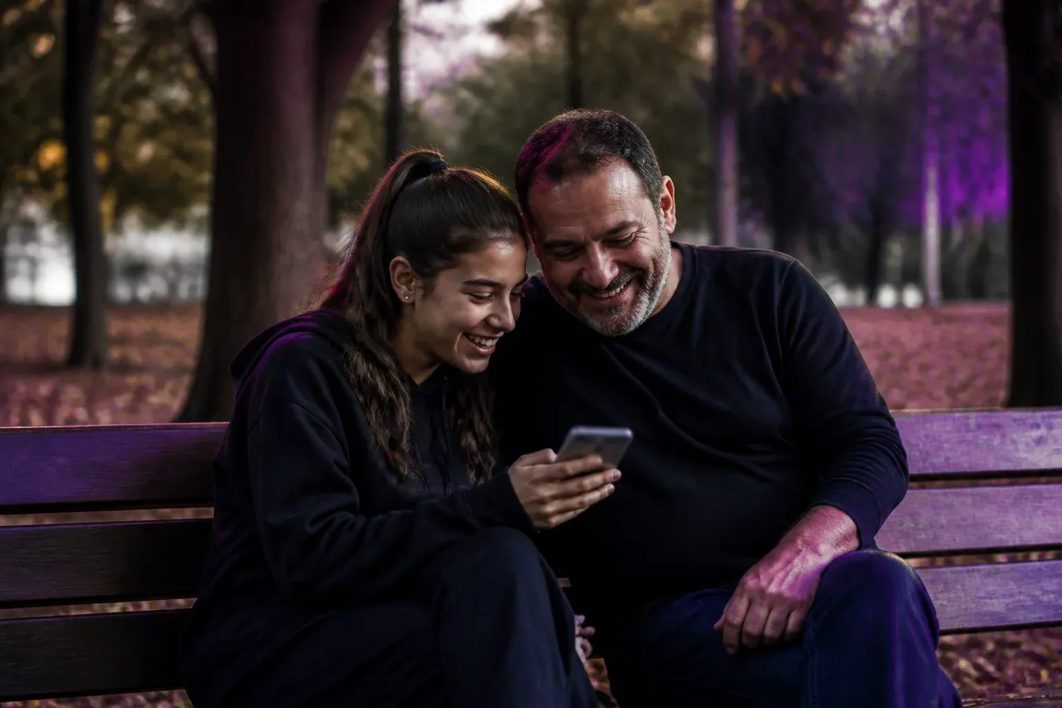 נערה ואביה יושבים על ספסל בפארק ומחייכים אל מסך טלפון מטושטש